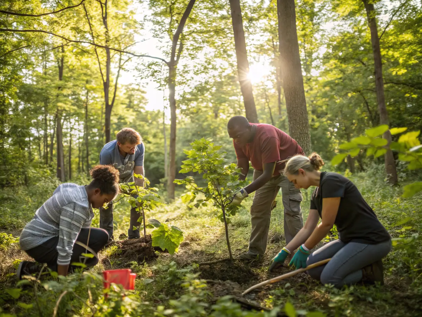 AMICALE DU BOIS DU LORIOT members collaborating on a habitat restoration project, planting native trees and shrubs to enhance biodiversity and support local wildlife.