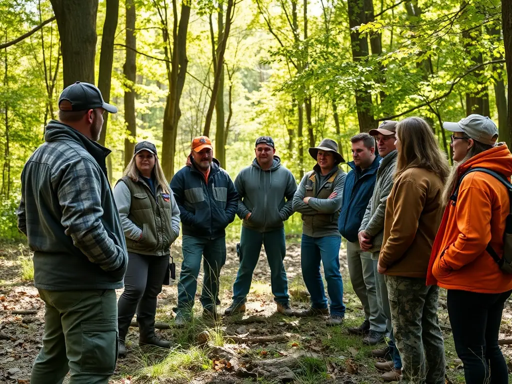 A group of AMICALE DU BOIS DU LORIOT members participating in a workshop on sustainable hunting practices, focusing on ethical and responsible techniques in a natural setting.