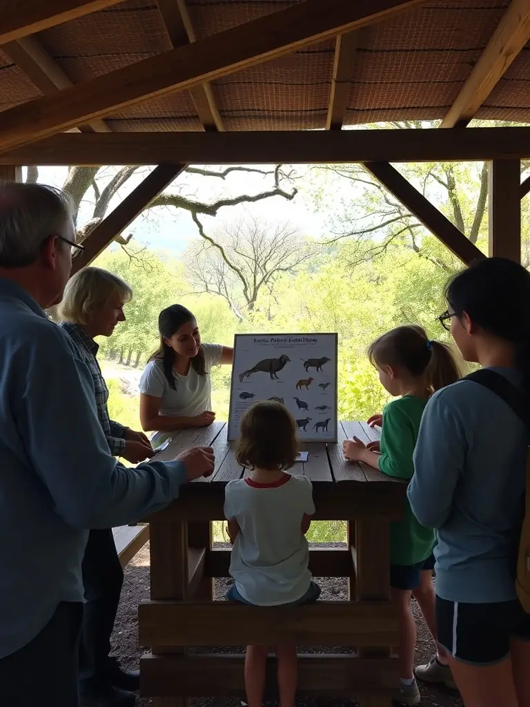 A heartwarming image of AMICALE DU BOIS DU LORIOT members teaching young children about wildlife and the importance of respecting nature during an educational program.