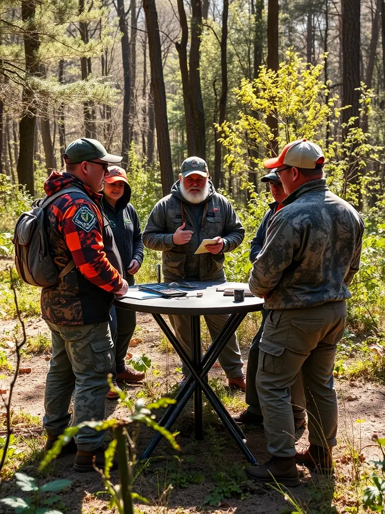 A group of hunters participating in a workshop on sustainable hunting practices in a forest setting, demonstrating the organization's commitment to education.