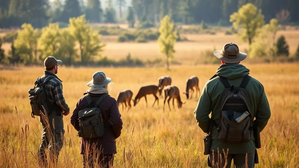 A group of hunters in a forest, observing wildlife responsibly.