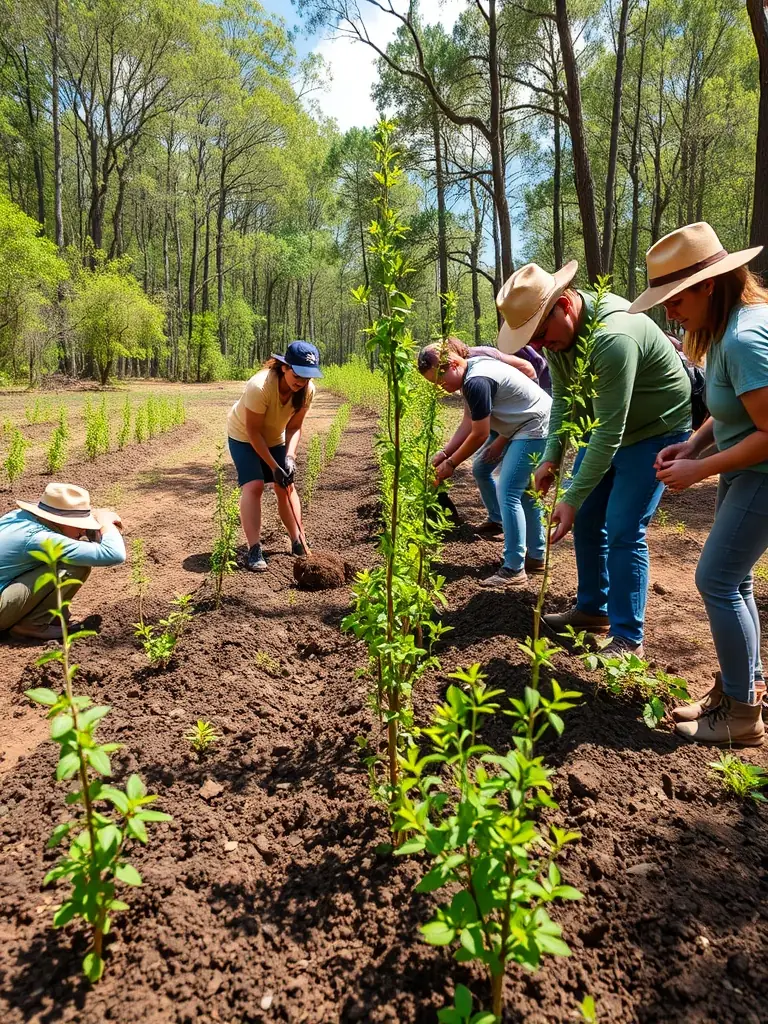 Volunteers planting trees as part of a habitat restoration project, showcasing the organization's involvement in environmental conservation.