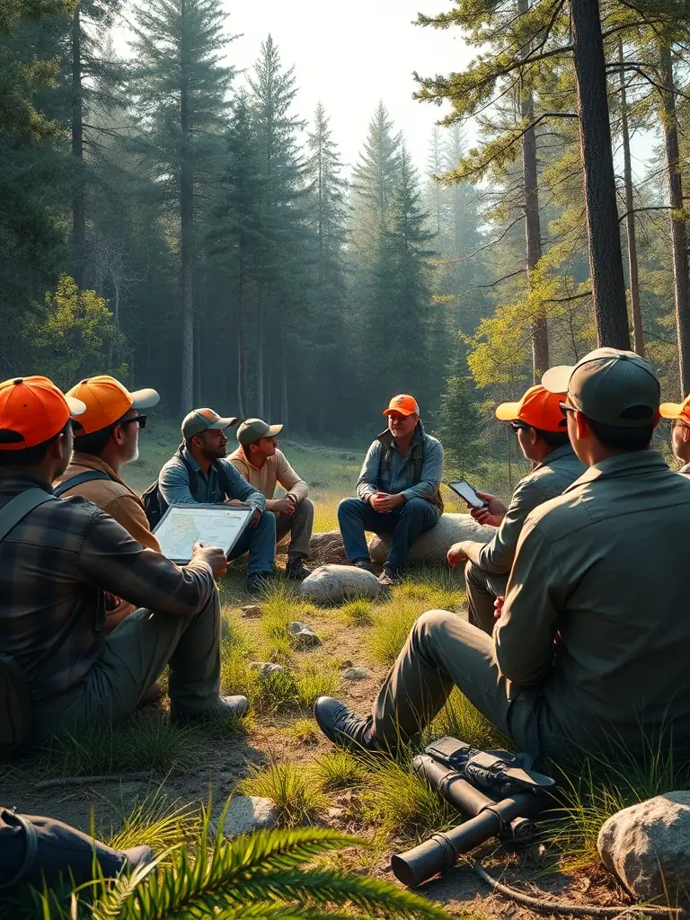 Hunters attending a workshop on sustainable hunting practices, emphasizing the educational aspect of AMICALE DU BOIS DU LORIOT's programs.