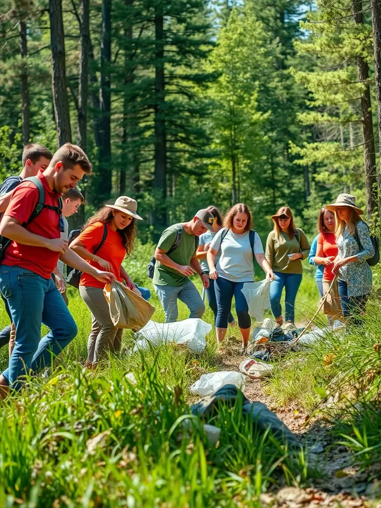 A photograph capturing a group of volunteers participating in a forest cleanup activity organized by AMICALE DU BOIS DU LORIOT, showcasing their commitment to environmental conservation.