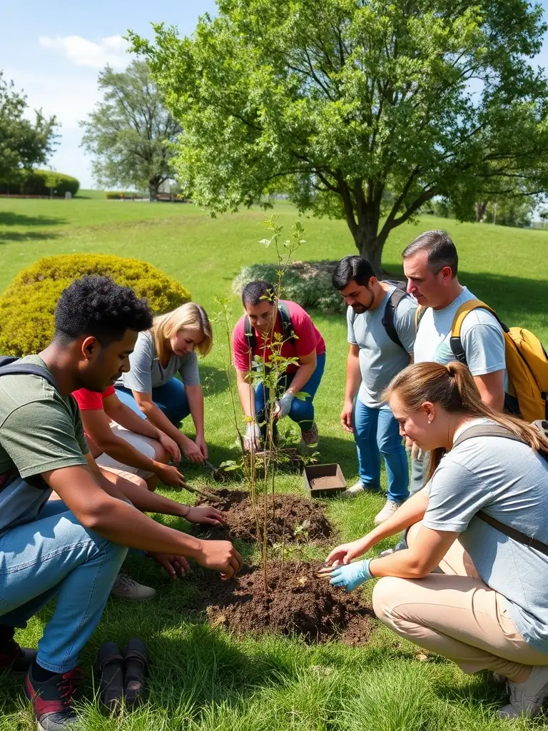 A group of volunteers planting trees in a deforested area, symbolizing the reforestation efforts of AMICALE DU BOIS DU LORIOT.