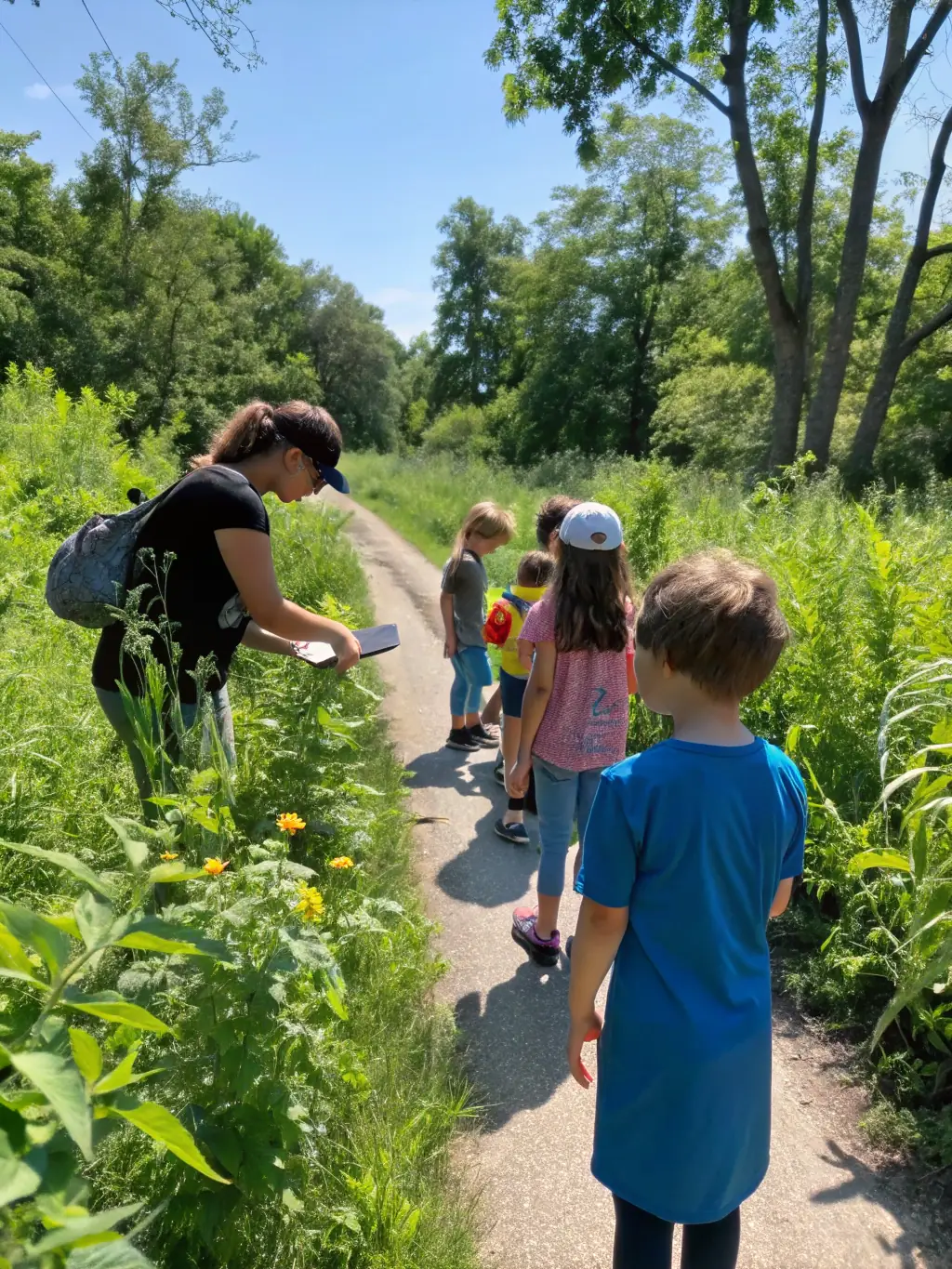 Children participating in an outdoor activity learning about local wildlife, showcasing the organization's commitment to environmental education.